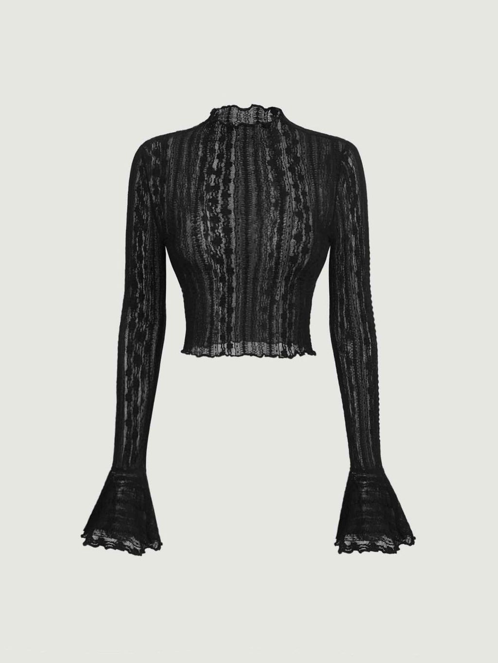 Chic Flounce-Sleeve Lace Crop Top – Black Mesh Mock-Neck