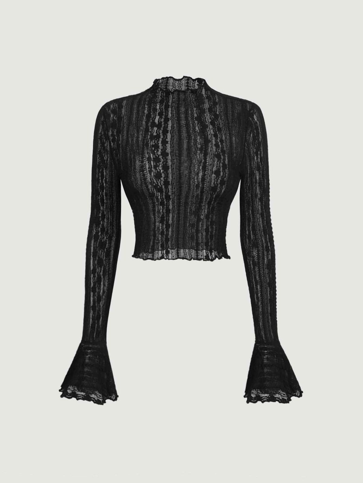 Chic Flounce-Sleeve Lace Crop Top – Black Mesh Mock-Neck