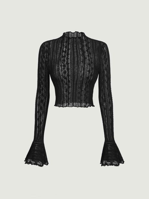 Chic Flounce-Sleeve Lace Crop Top – Black Mesh Mock-Neck